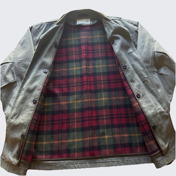 VTG LL Bean Barn Coat Mens Large Green Canvas Plaid Lined Chore Jacket Button - Picture 4 of 10